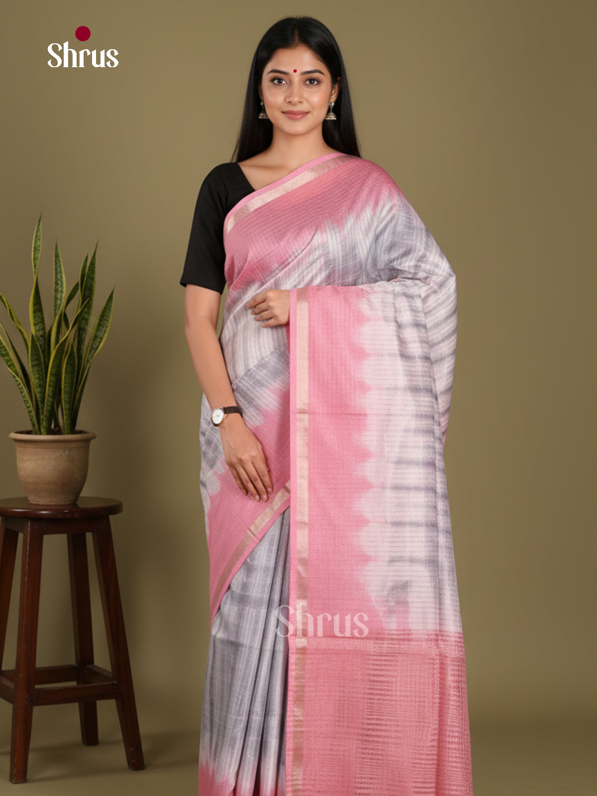 Cream & Pink - Shibori Saree