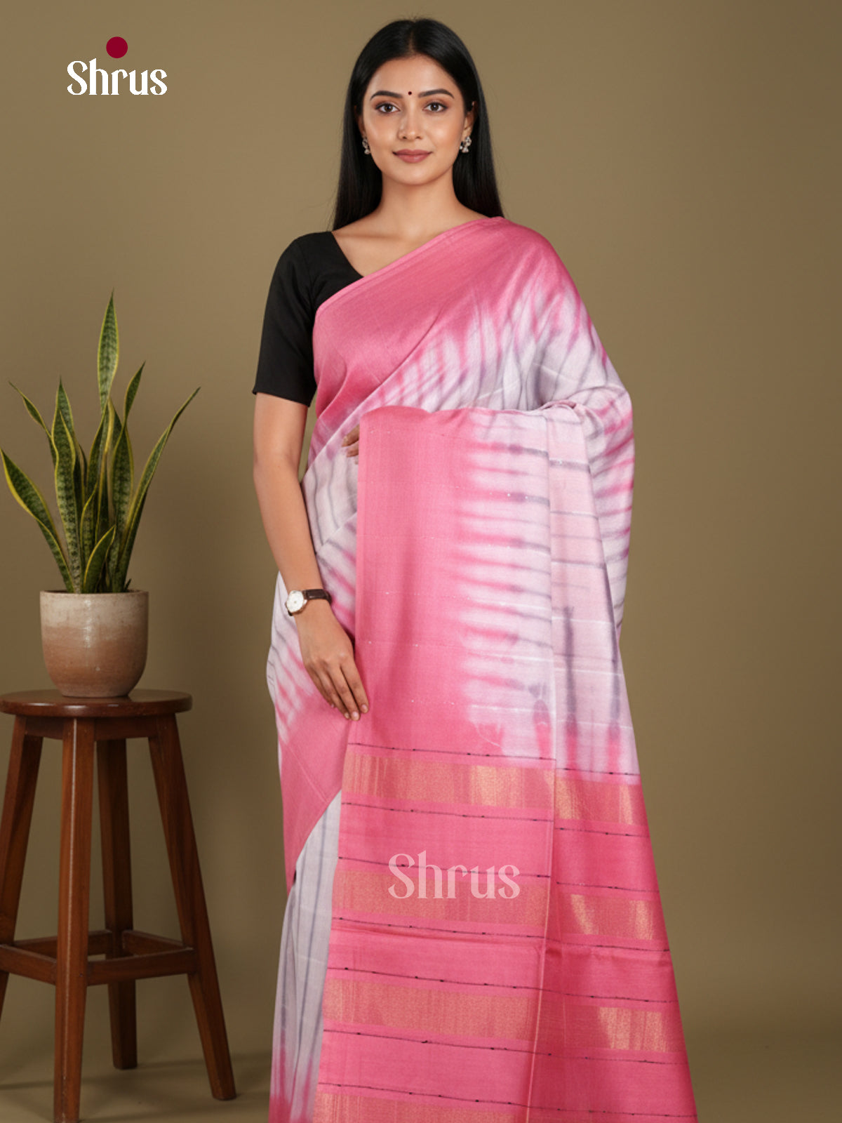 Cream & Pink - Shibori Saree