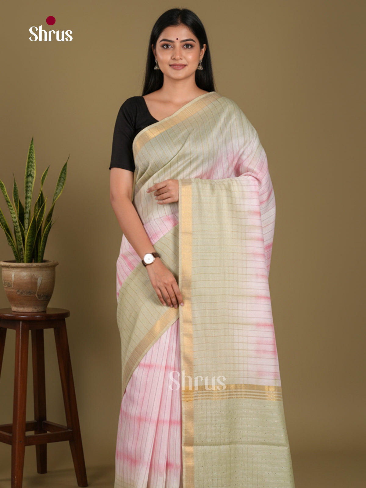 Cream & Grey Green- Shibori Saree