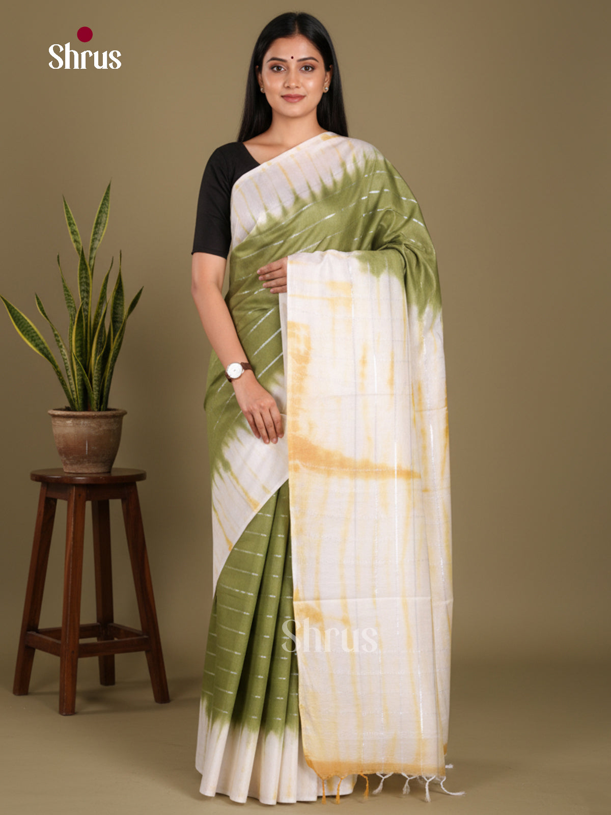 Green & Cream - Shibori Saree