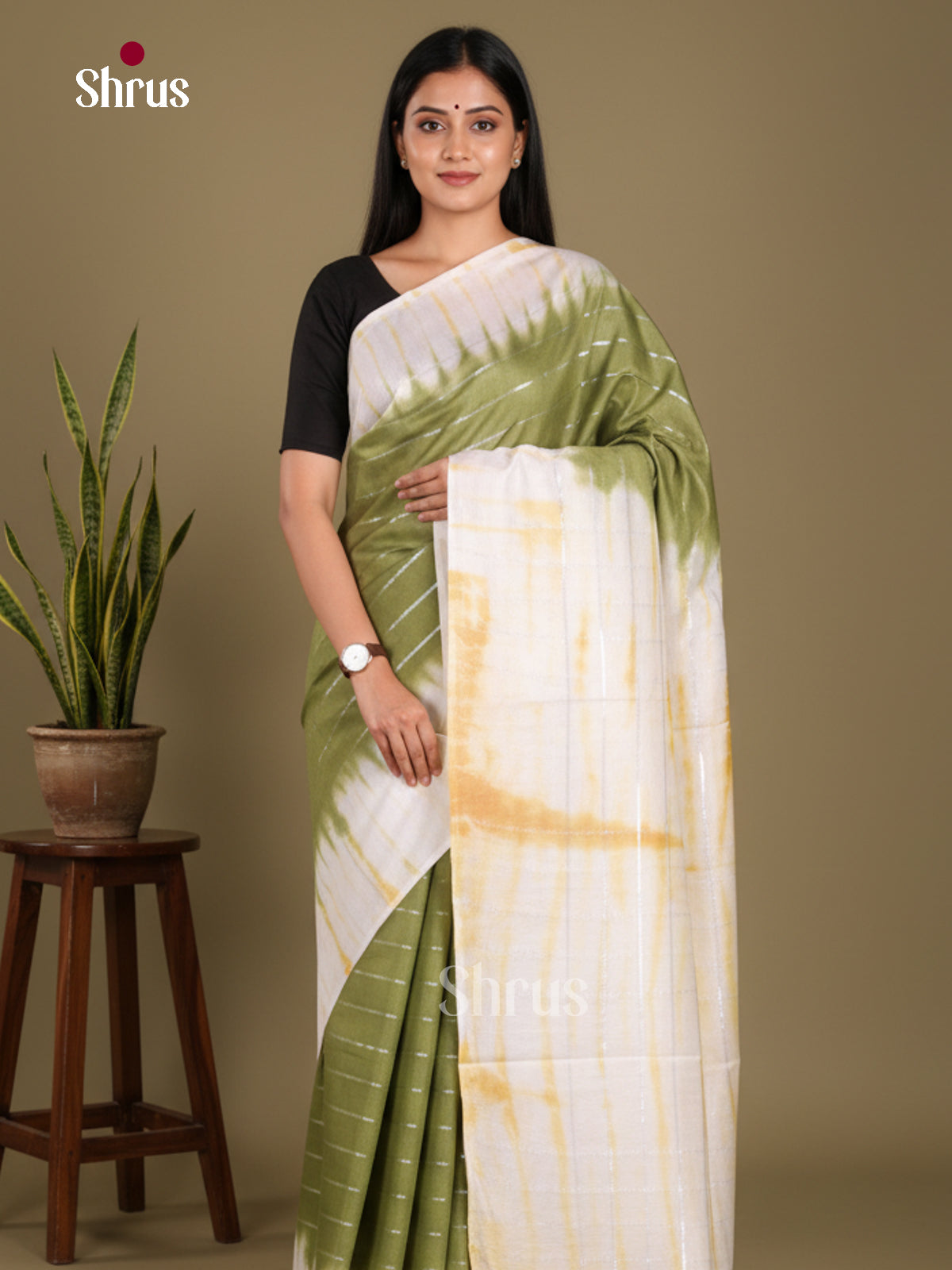 Green & Cream - Shibori Saree