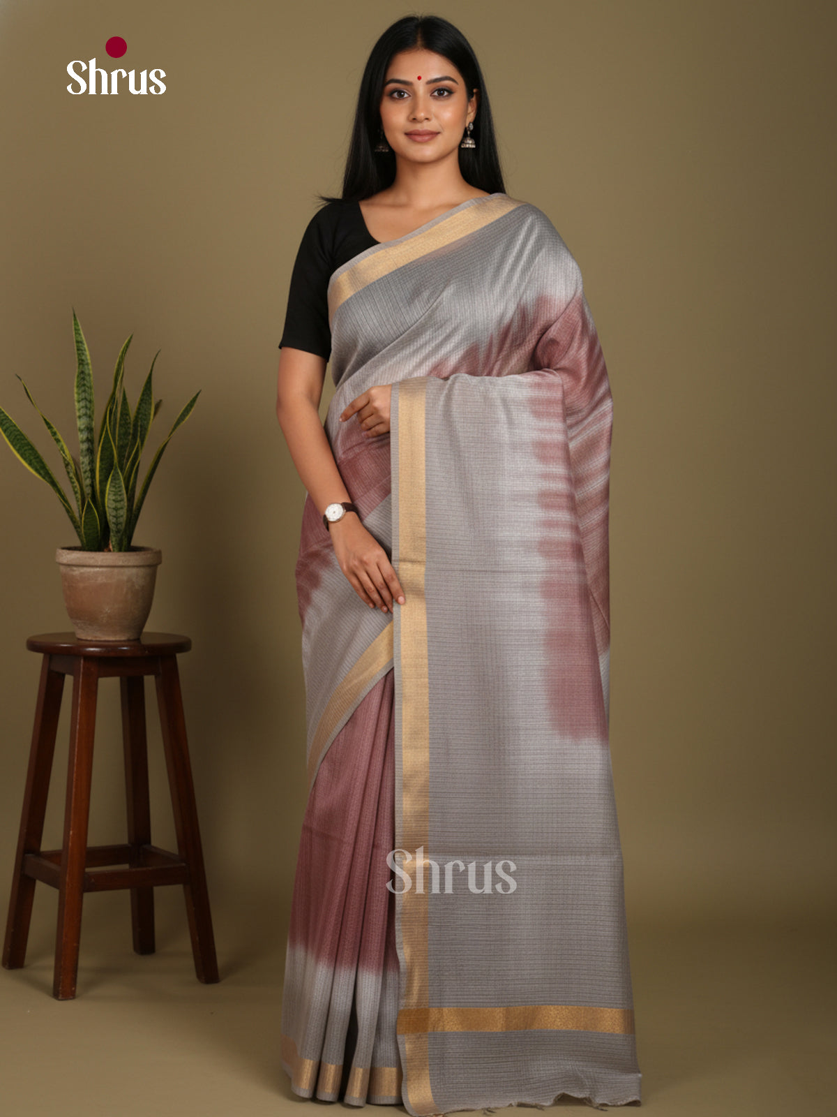 Brown & Grey - Shibori Saree