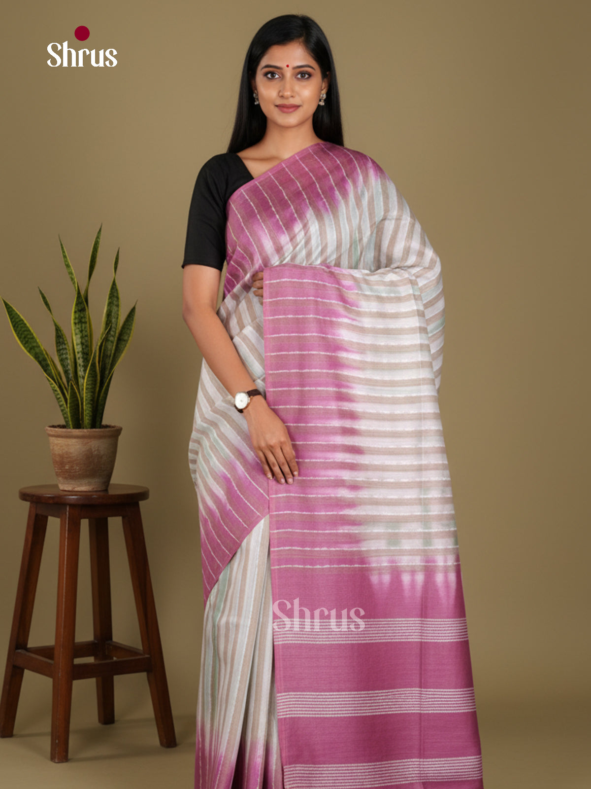 cream & Purple - Shibori Saree