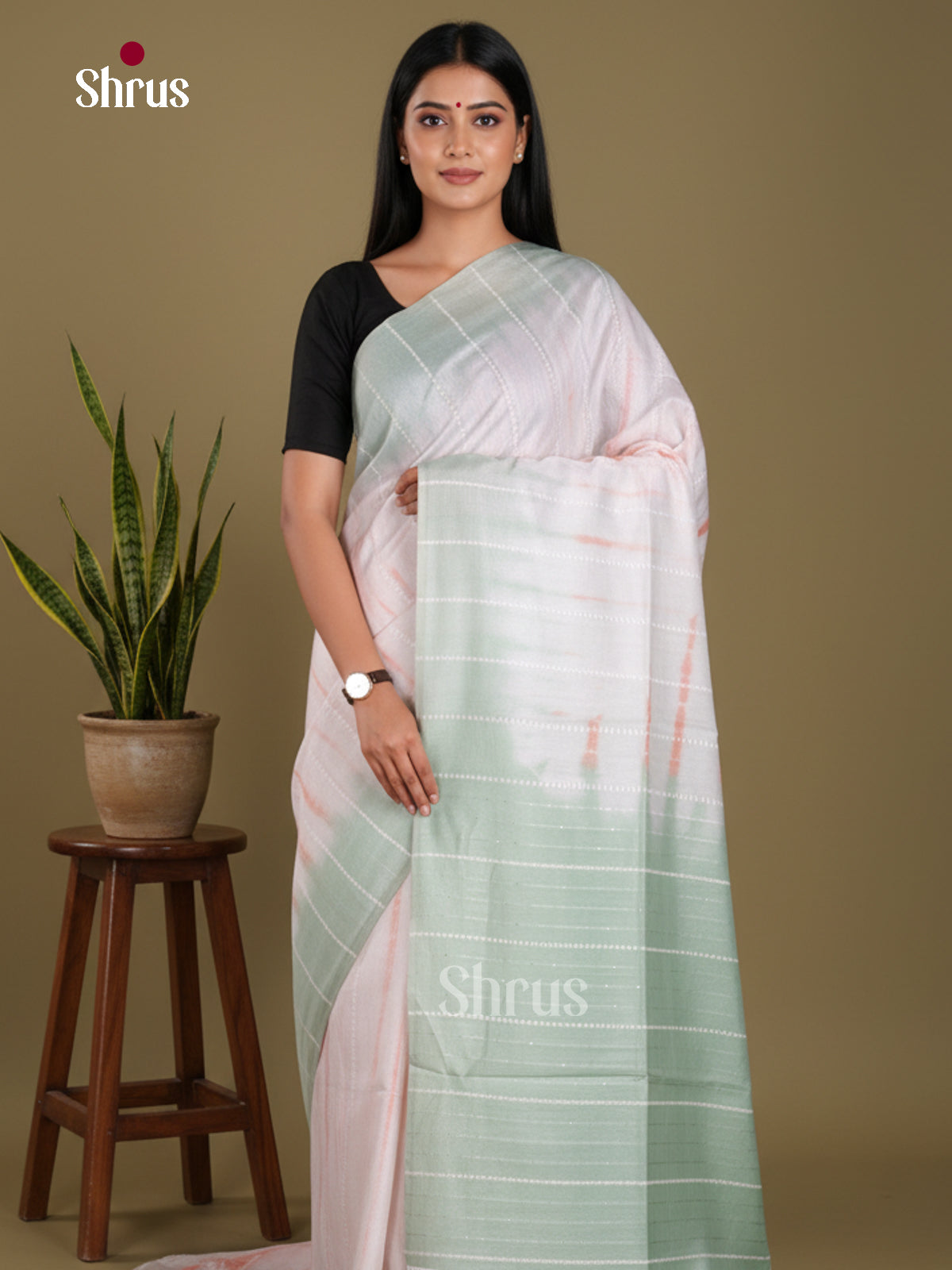 Cream , Pink & Grey Green - Shibori Saree