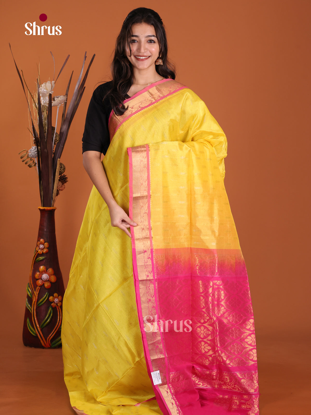 Glorious Yellow & Pink Silk Cotton Saree with zari buttas & floral brocade pallu - Shop on Shrus.com