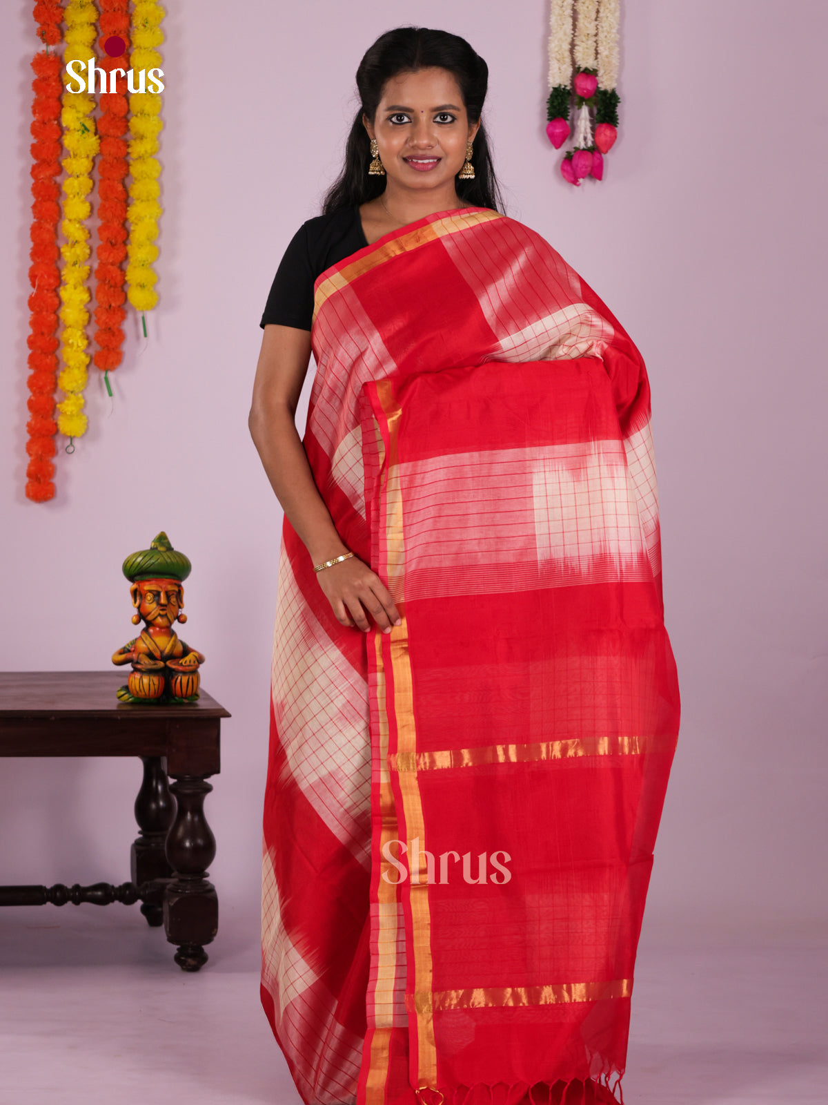 Red & Cream Silk Cotton Saree with checks pattern