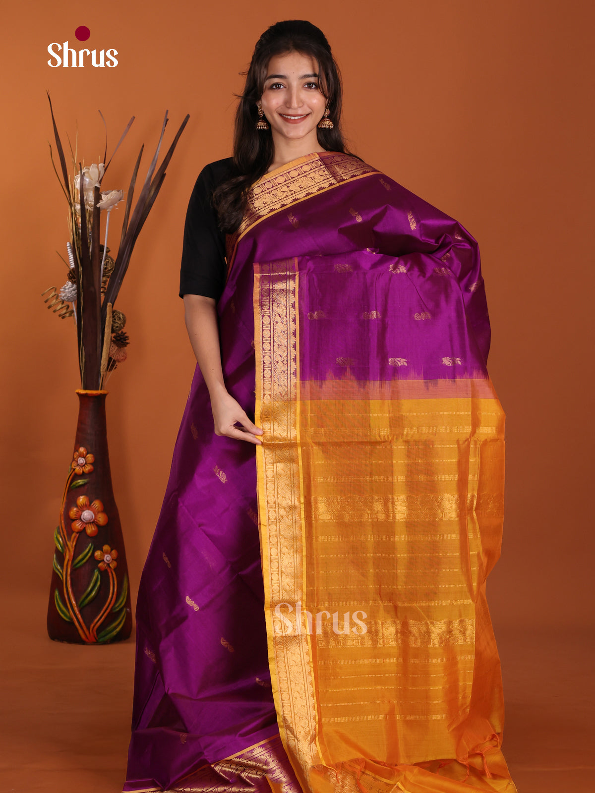 Vivacious Purple & Honey Silk Cotton Saree gleams with zari buttas & traditional border