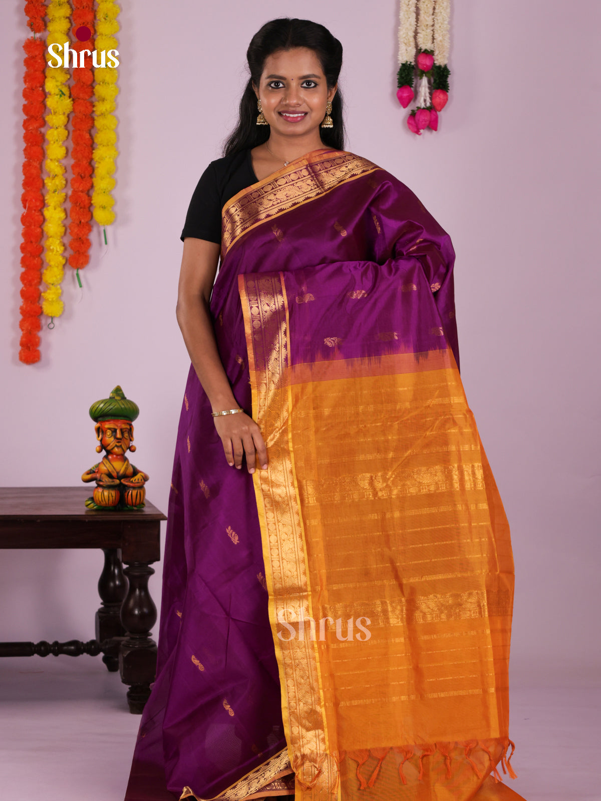 Vivacious Purple & Honey Silk Cotton Saree gleams with zari buttas & traditional border