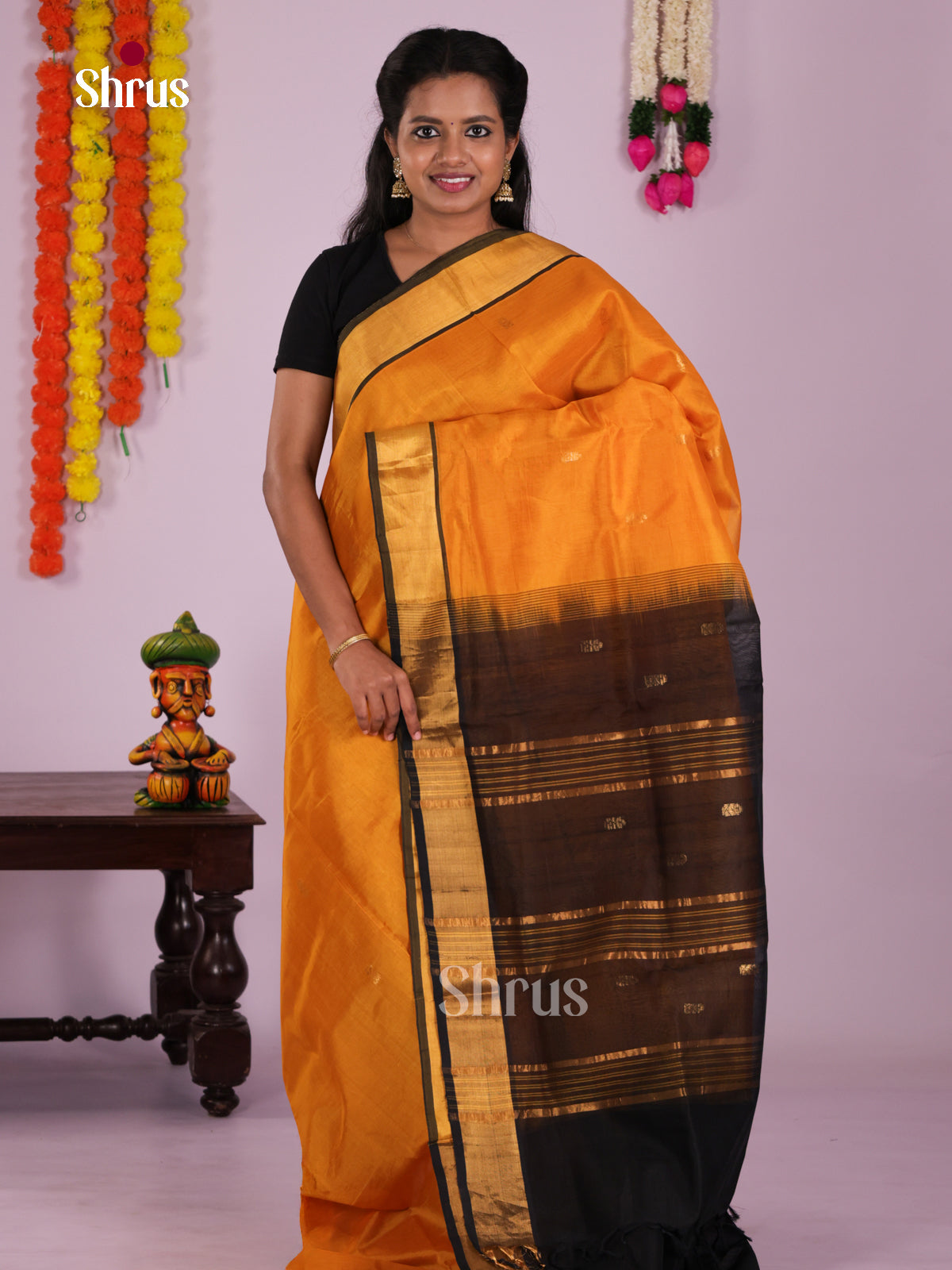 Glorious Mustard & Black Silk Cotton Saree with kaddi zari border - Shop on Shrus.com