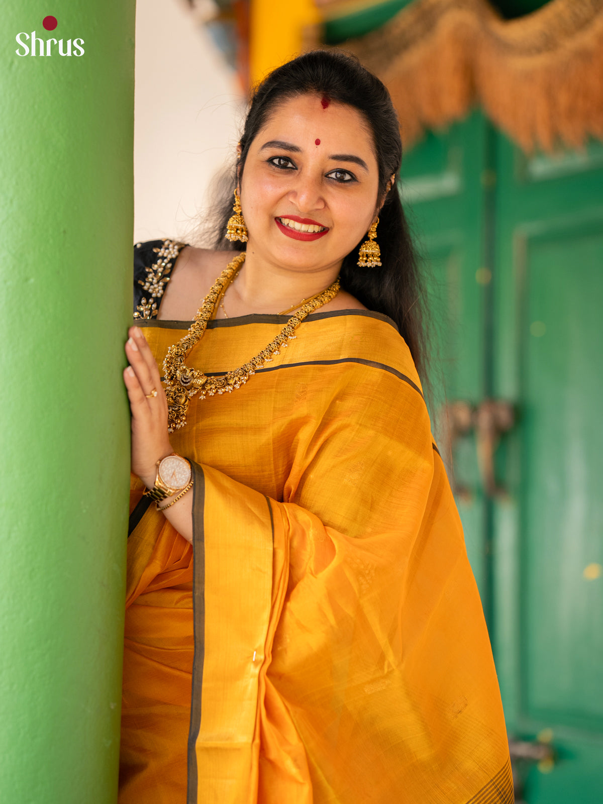 Glorious Mustard & Black Silk Cotton Saree with kaddi zari border - Shop on Shrus.com
