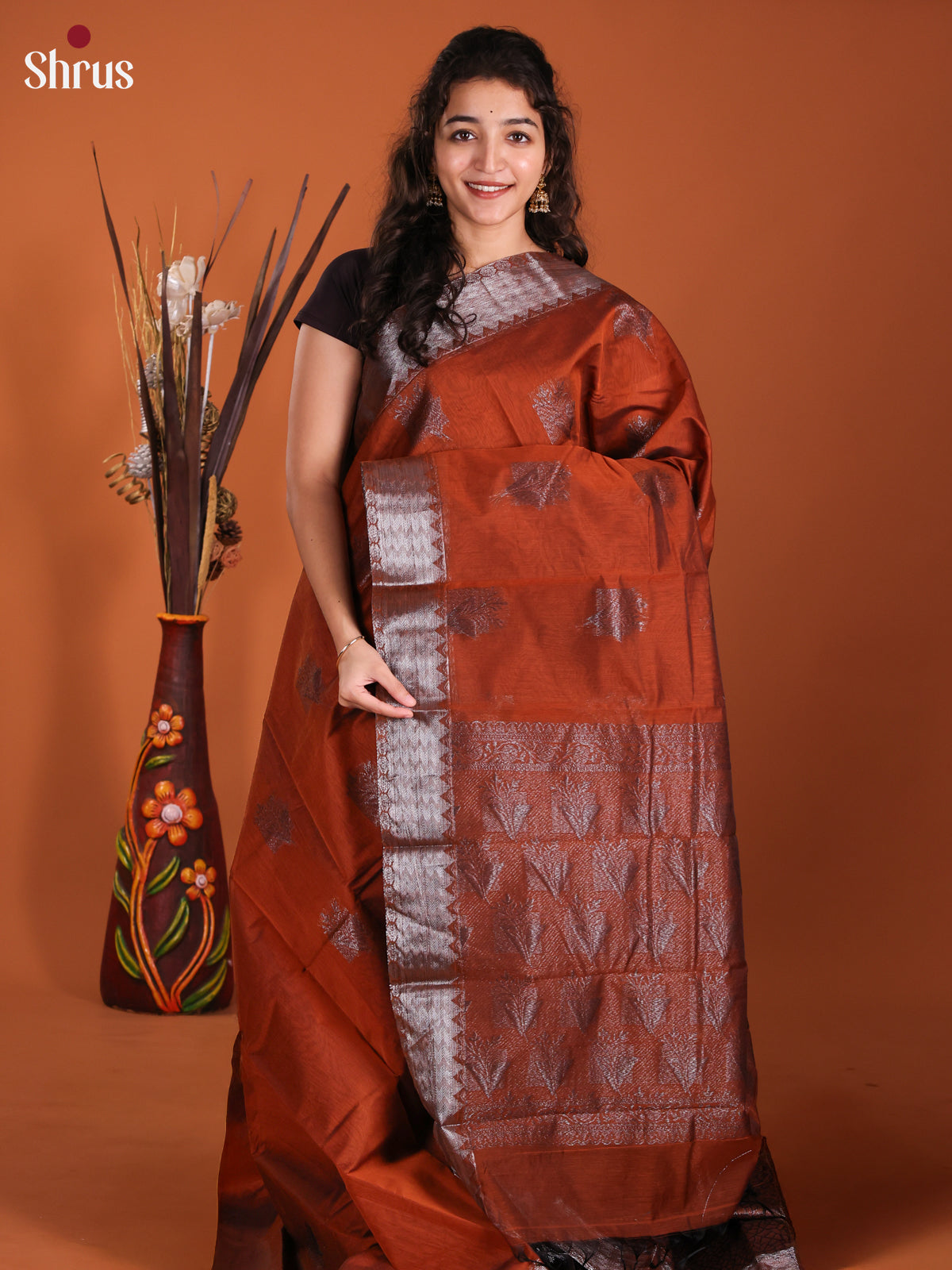 Rust - Semi Silkcotton Saree- DKS25184 - Shop on Shrus.com