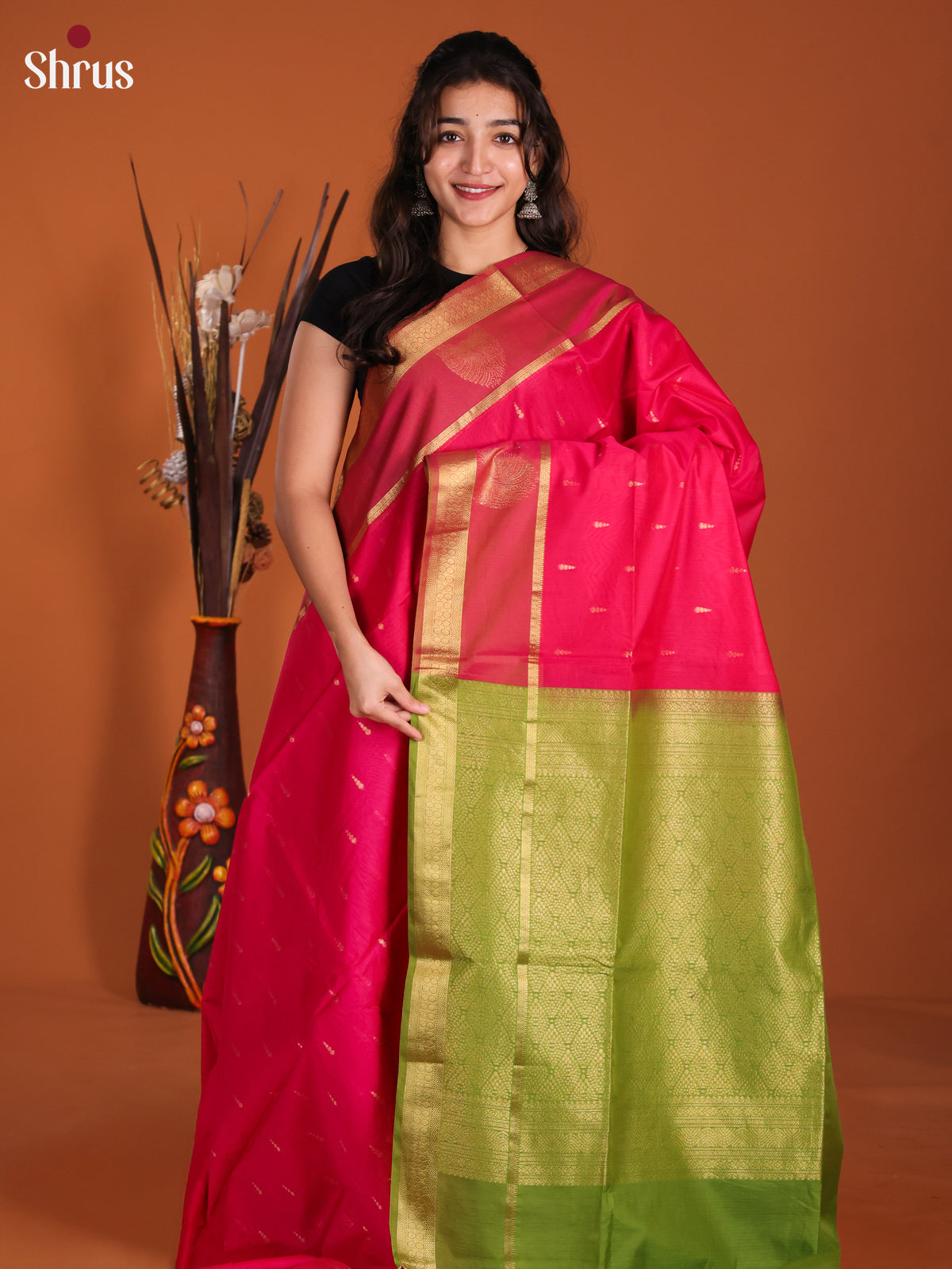 Pink & Green - Semi Silkcotton Saree-DKS26273 - Shop on Shrus.com