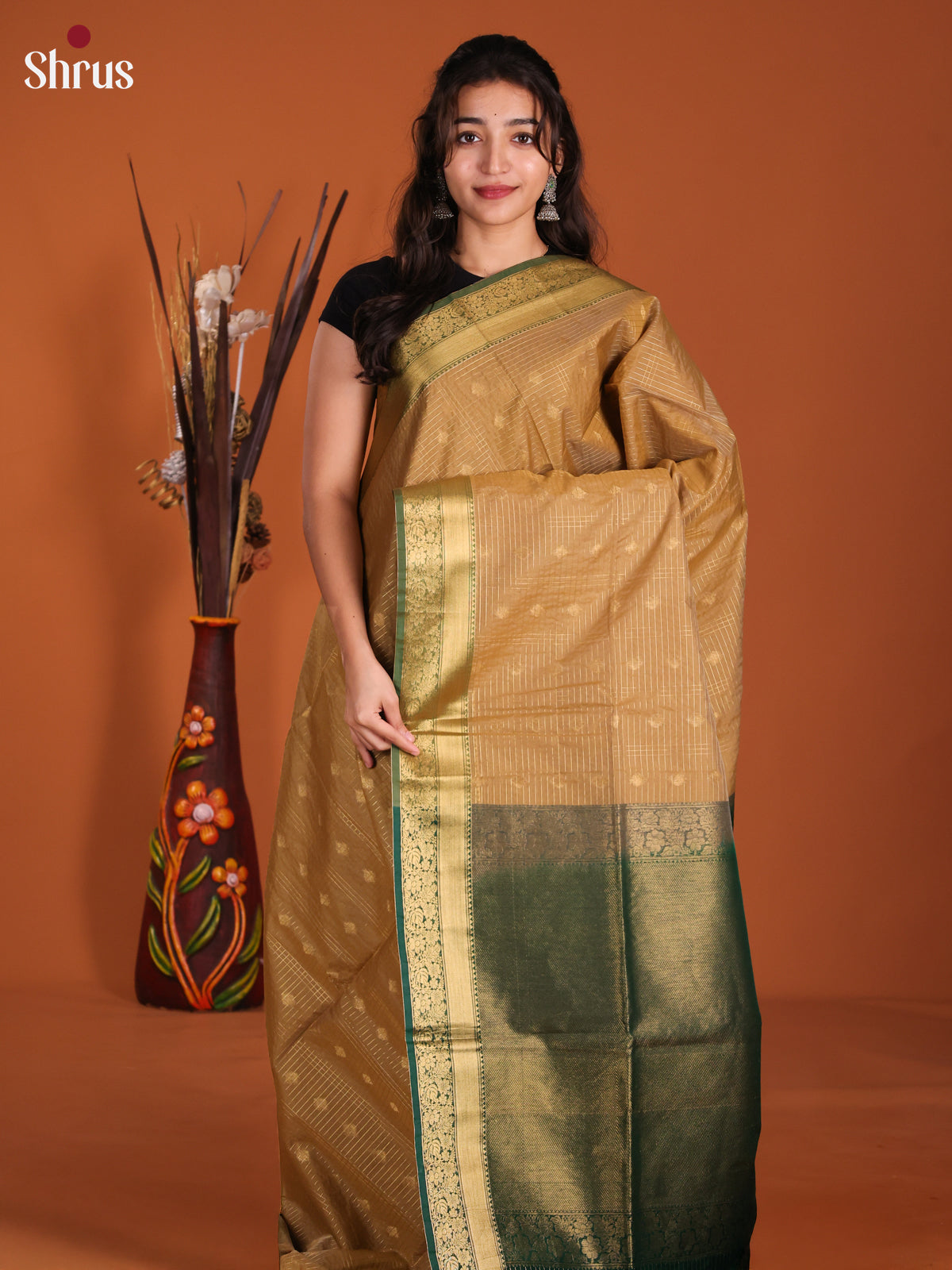 Beige & Green - Semi Silkcotton Saree-DKS26277