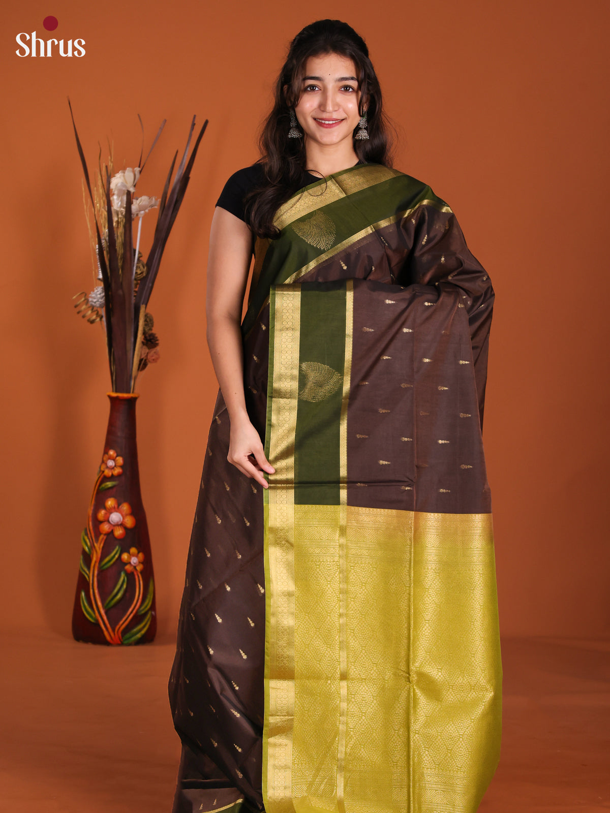 Coffee Brown & Green - Semi Silkcotton Saree-DKS26285 - Shop on Shrus.com