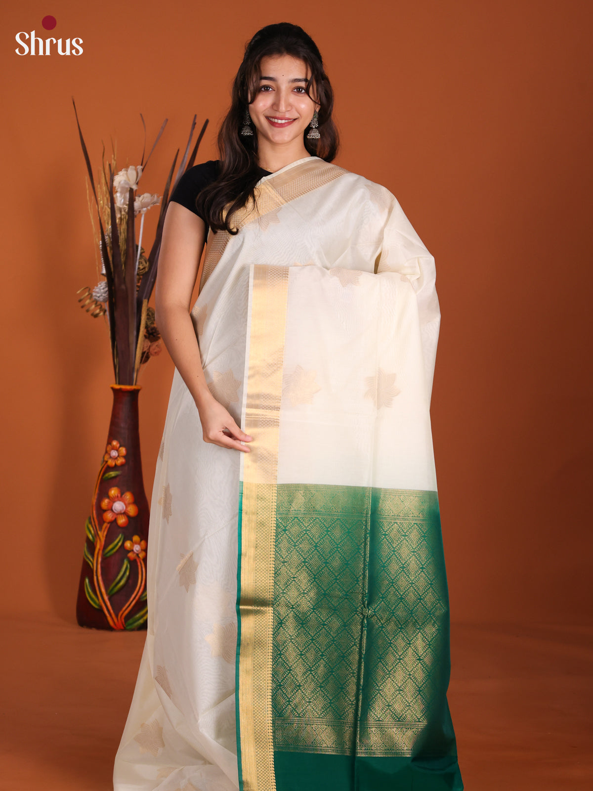 White & Green - Semi Silkcotton Saree- DKS26316