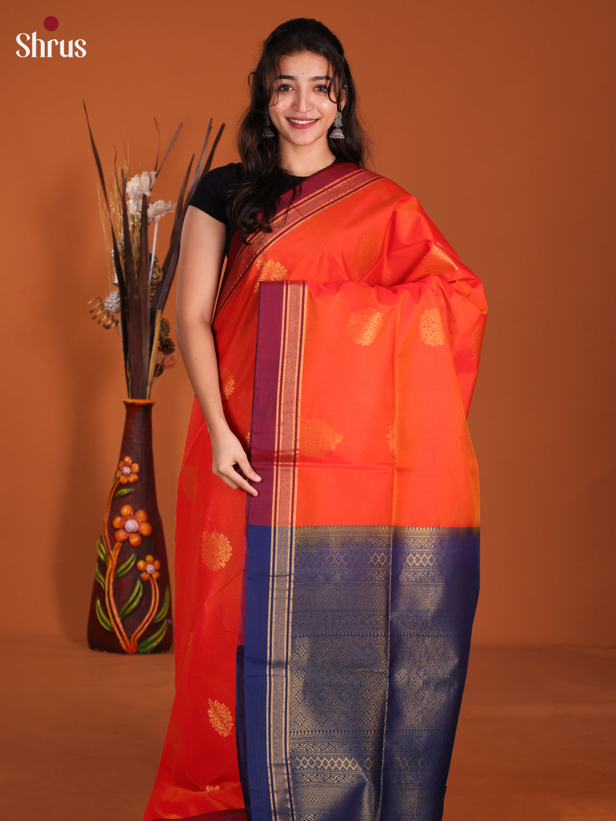 Orange & Blue - Semi Silkcotton Saree- DKS26320