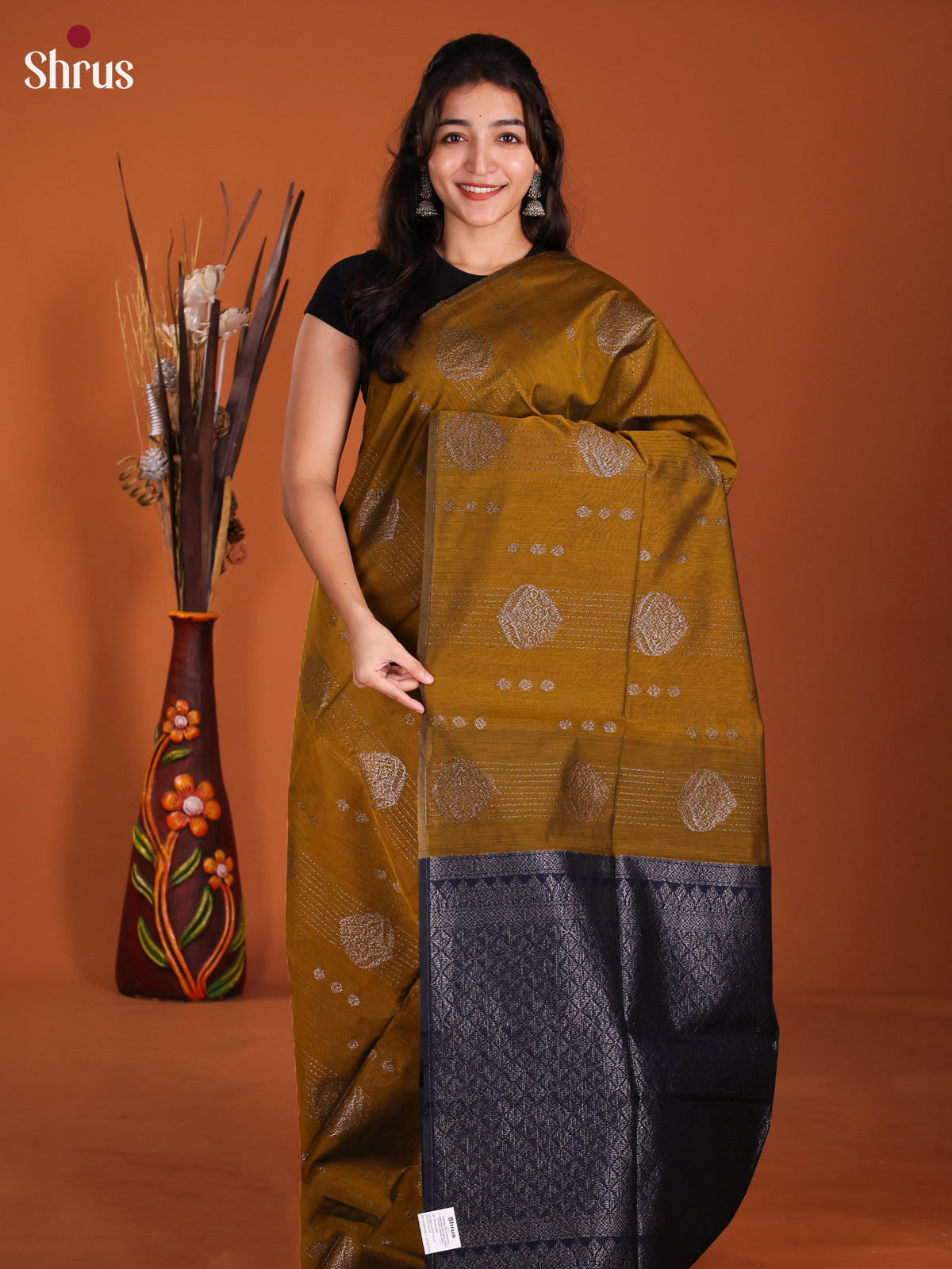 Mehandi & Blue -DKS26369 - Semi Silkcotton Saree - Shop on Shrus.com
