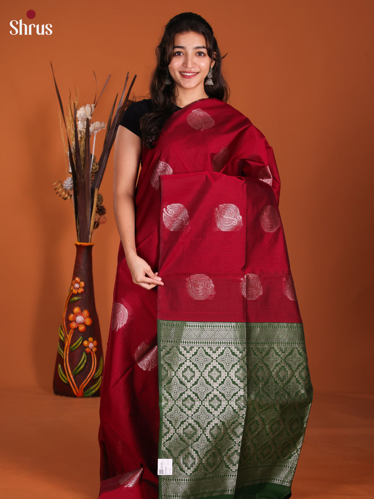 Maroon & Green - Semi Silkcotton Saree- DKS26462