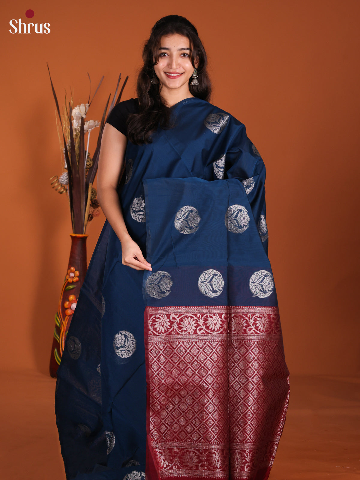 Blue & Maroon - Semi Silkcotton Saree-DKS26474