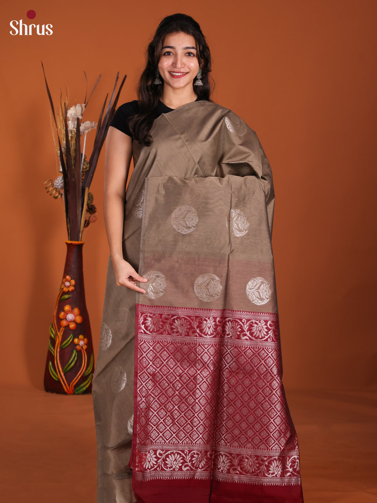 Grey & Maroon - Semi Silkcotton Saree- DKS26475