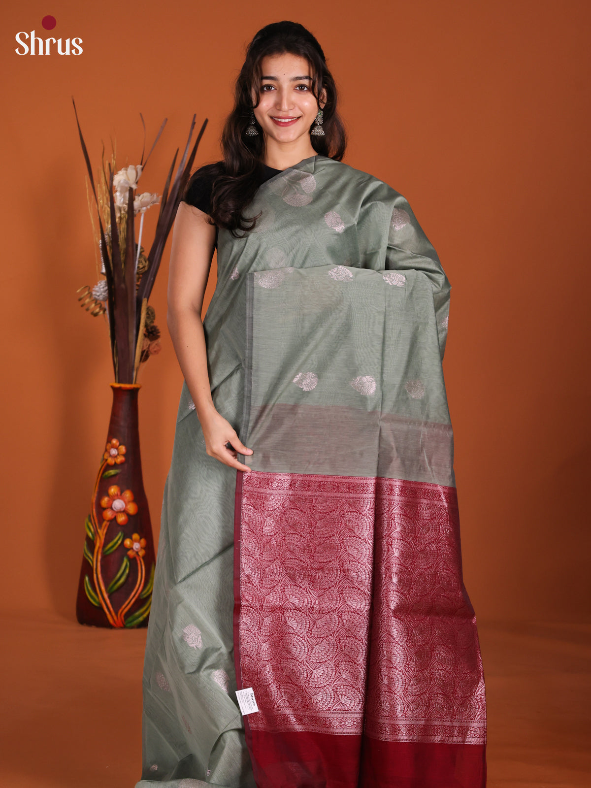 Grey & Maroon - Semi Silkcotton Saree- DKS26496