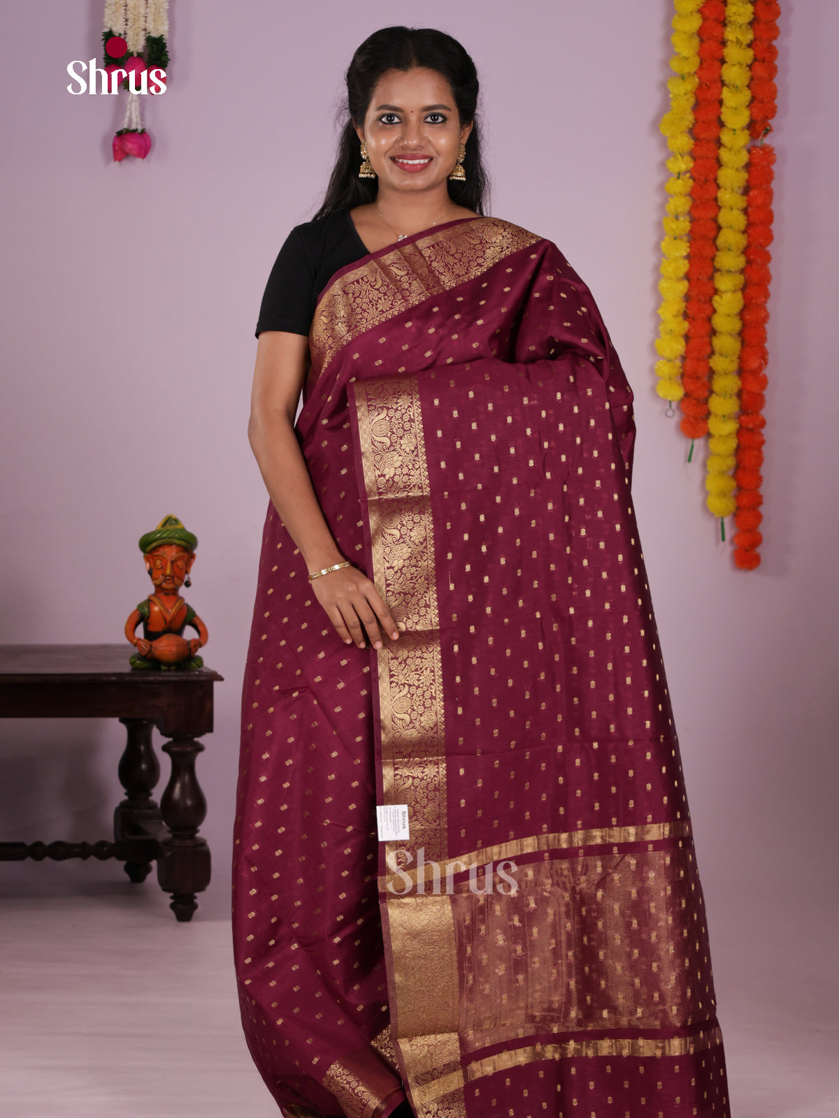 Maroon- Semi Rawsilk Saree - Shop on Shrus.com