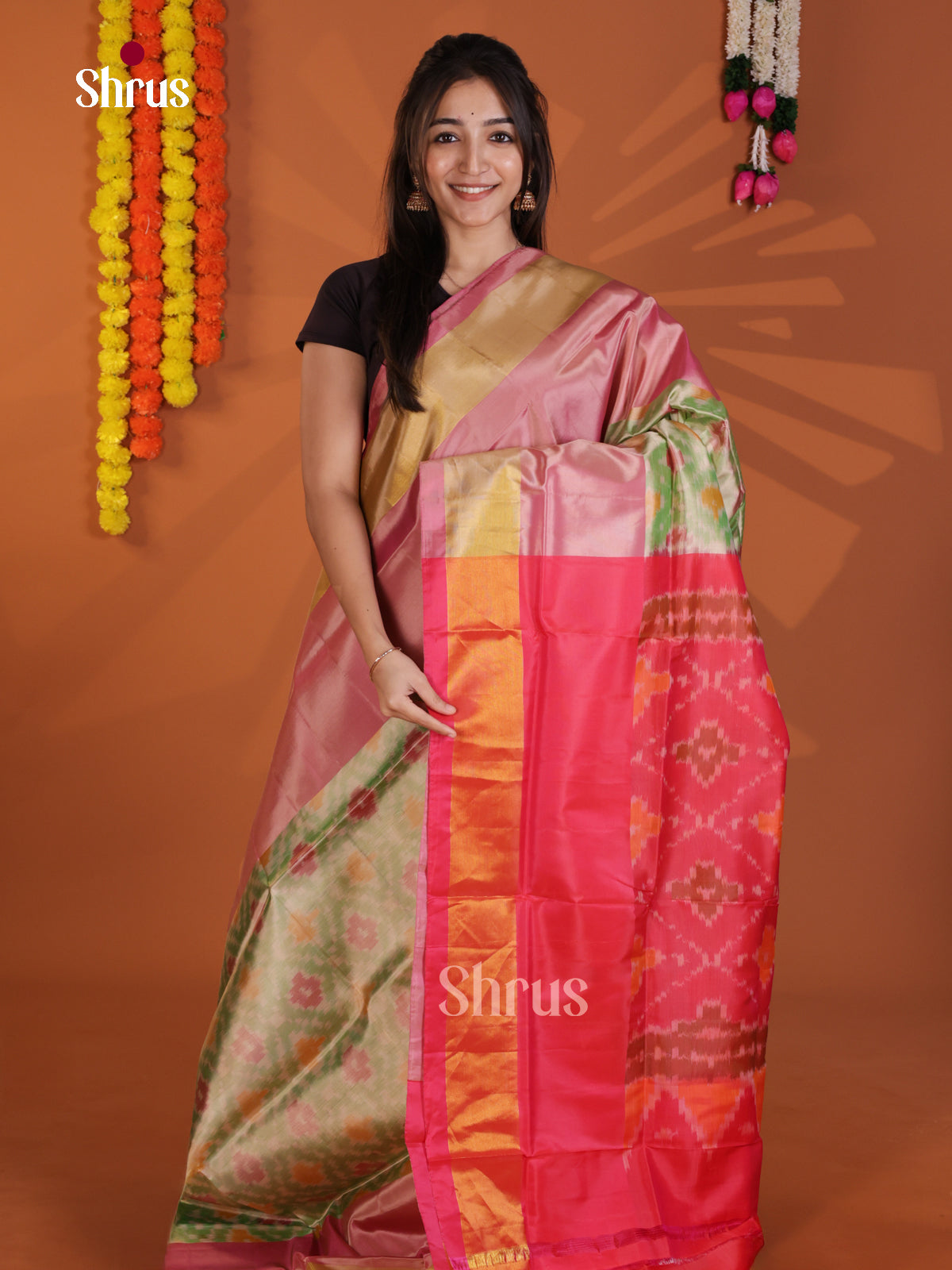Light Green & Pink- Semi uppada Saree