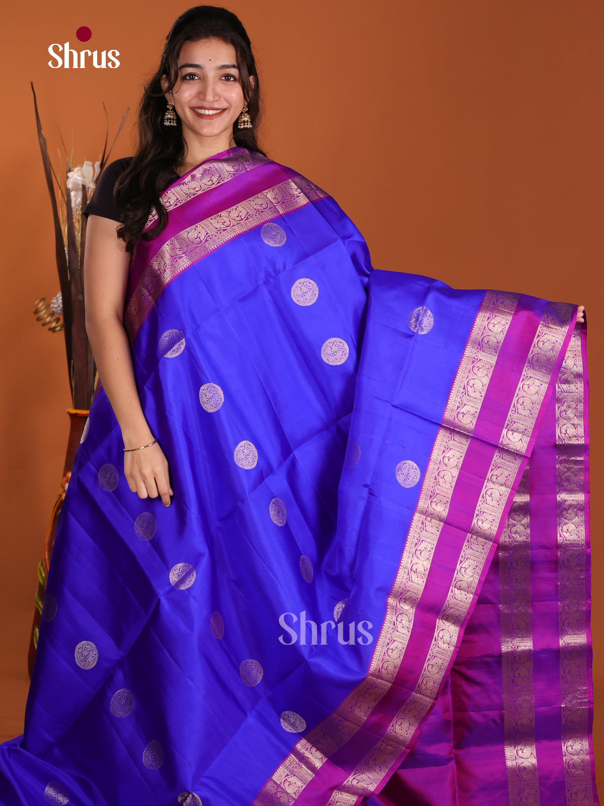 Stunning Blue with Purple Soft Silk Saree with peacock in round motifs & rettaipet border - Shop on Shrus.com