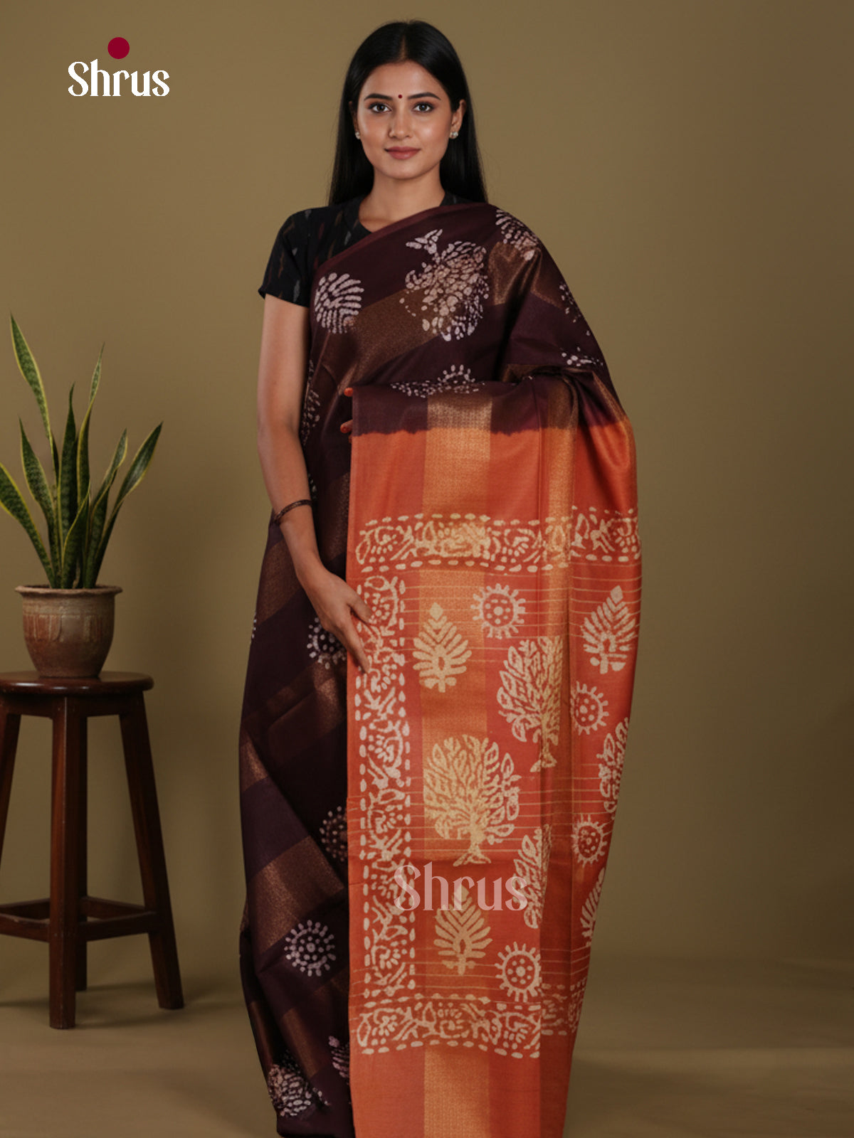 Dark Brown & Orange - Bhatik Saree