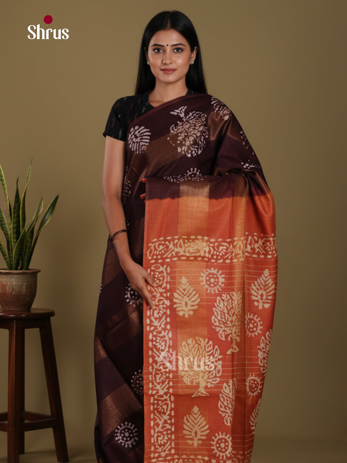 Dark Brown & Orange - Bhatik Saree
