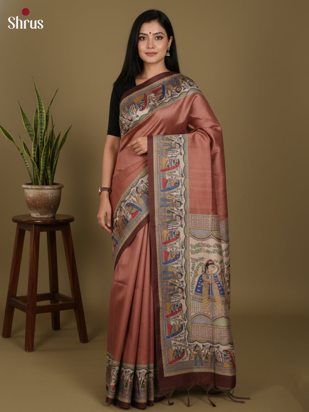 Brown & Cream - Printed Madhubani Saree - Shop on Shrus.com