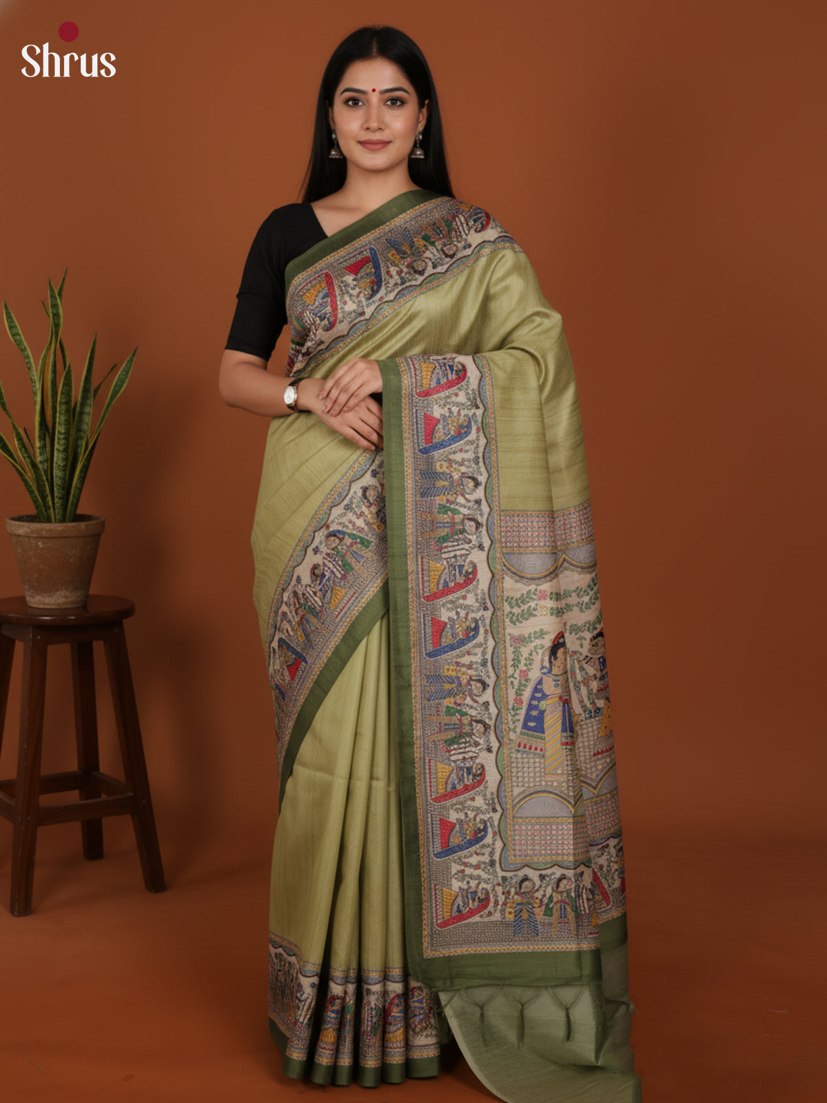 Green & Cream- Printed Madhubani Saree - Shop on Shrus.com