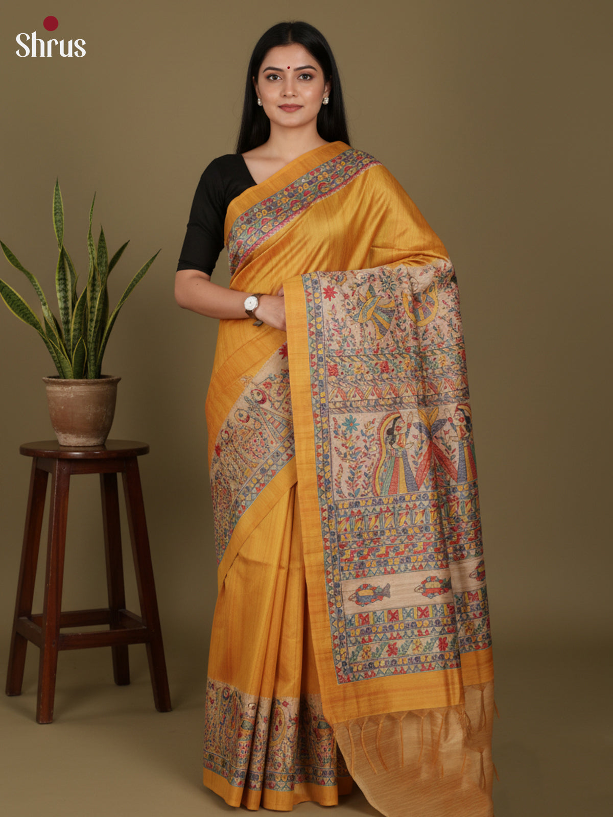 Mustard & Cream- Printed Madhubani Saree - Shop on Shrus.com