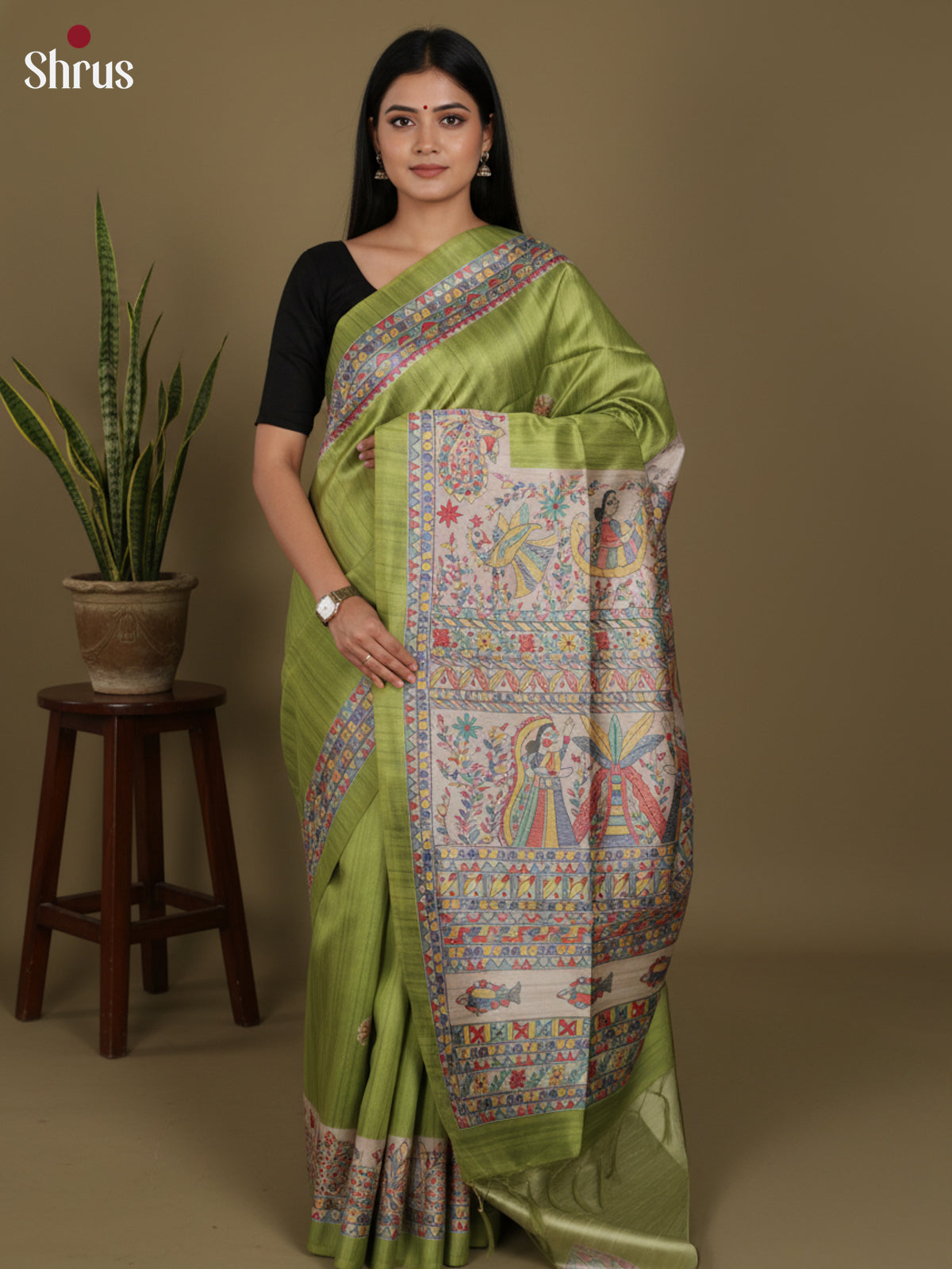 Green & Cream - Printed Madhubani Saree - Shop on Shrus.com