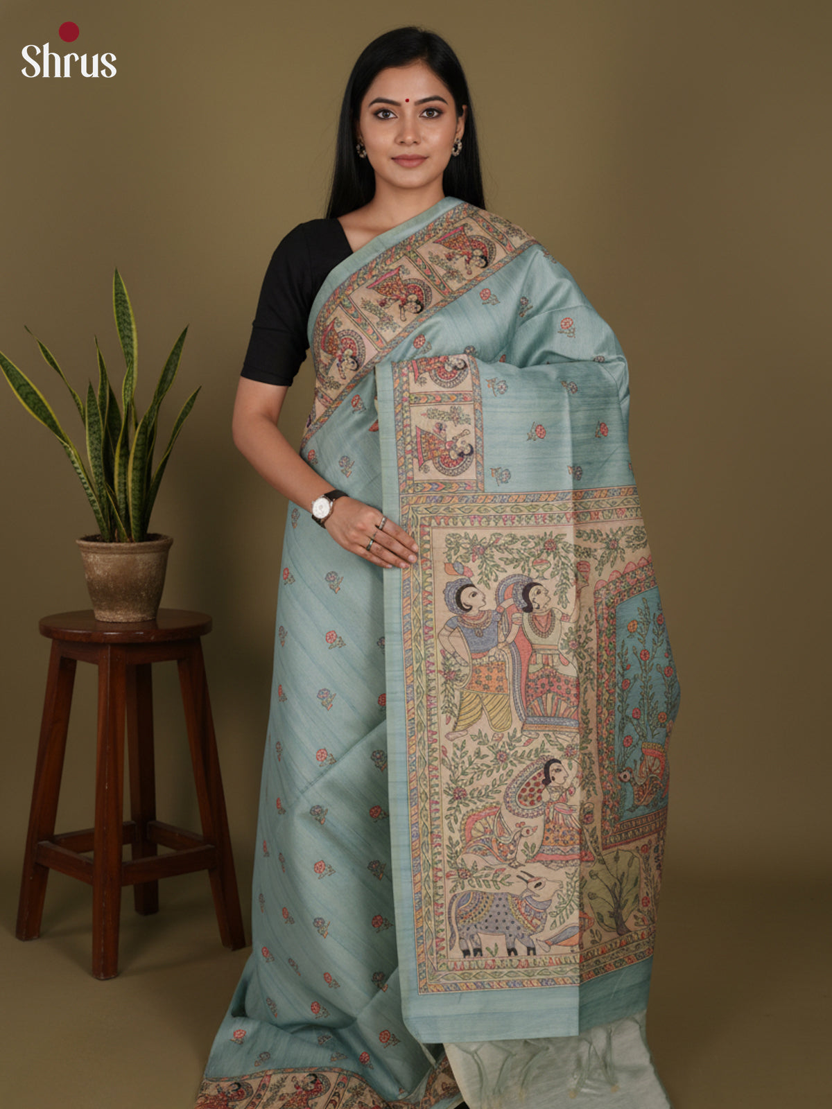 Pastel Blue & Cream - Printed Madhubani Saree - Shop on Shrus.com