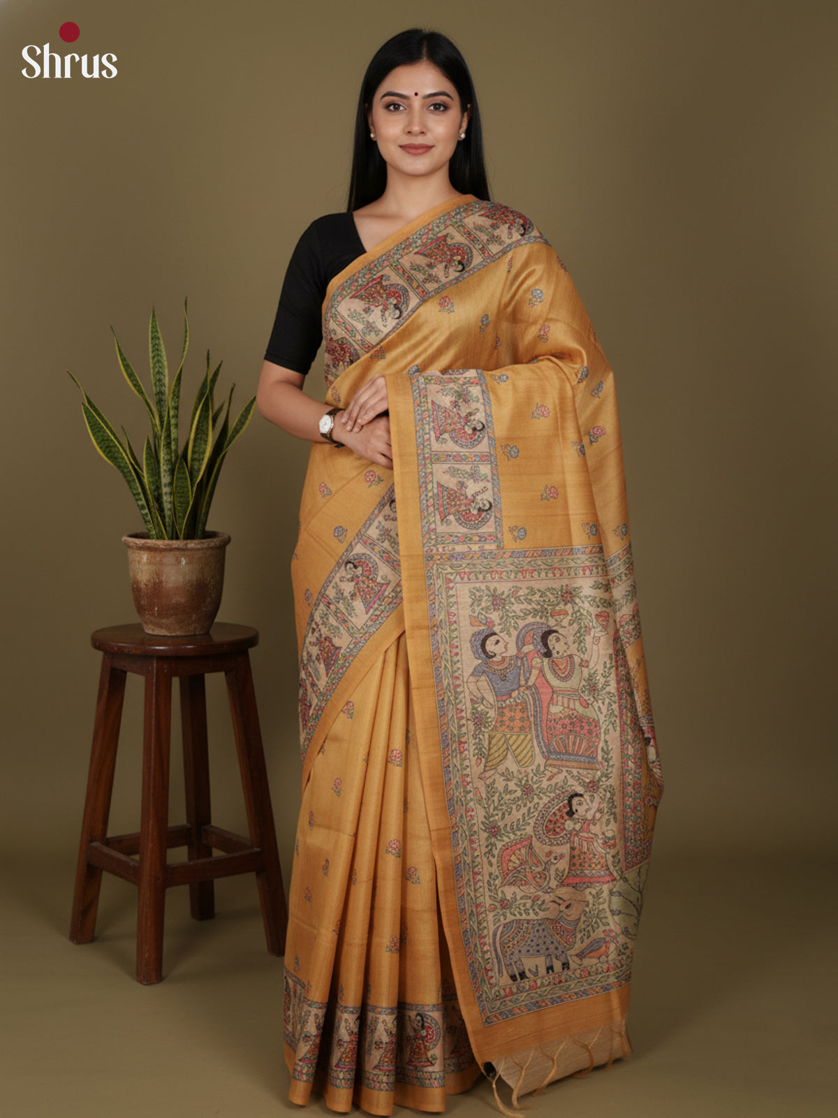 Mustard & Cream - Printed Madhubani Saree - Shop on Shrus.com