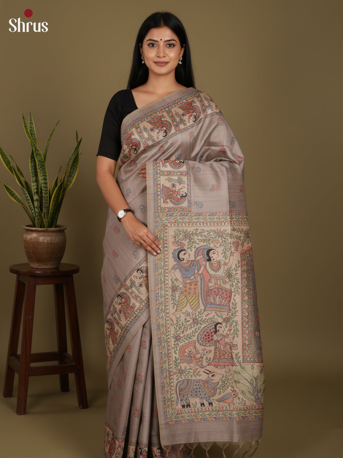 Grey - Printed Madhubani Saree - Shop on Shrus.com