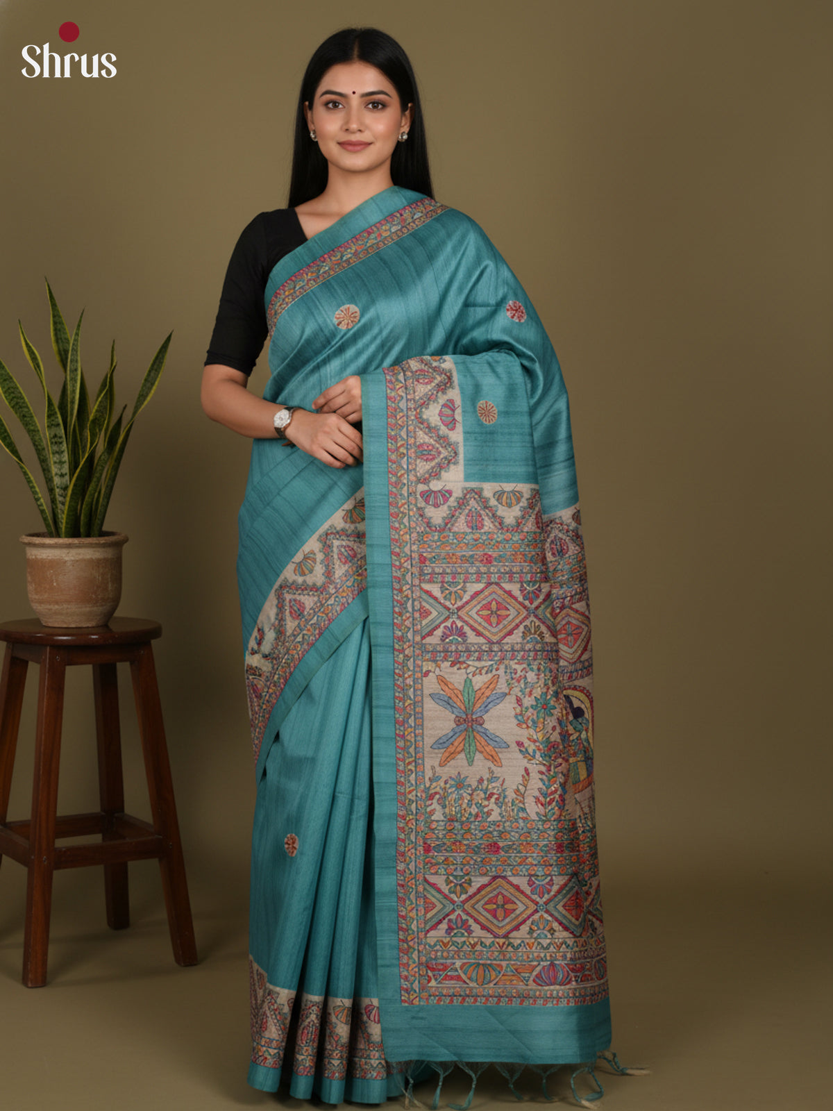 Blue & Cream - Printed Madhubani Saree