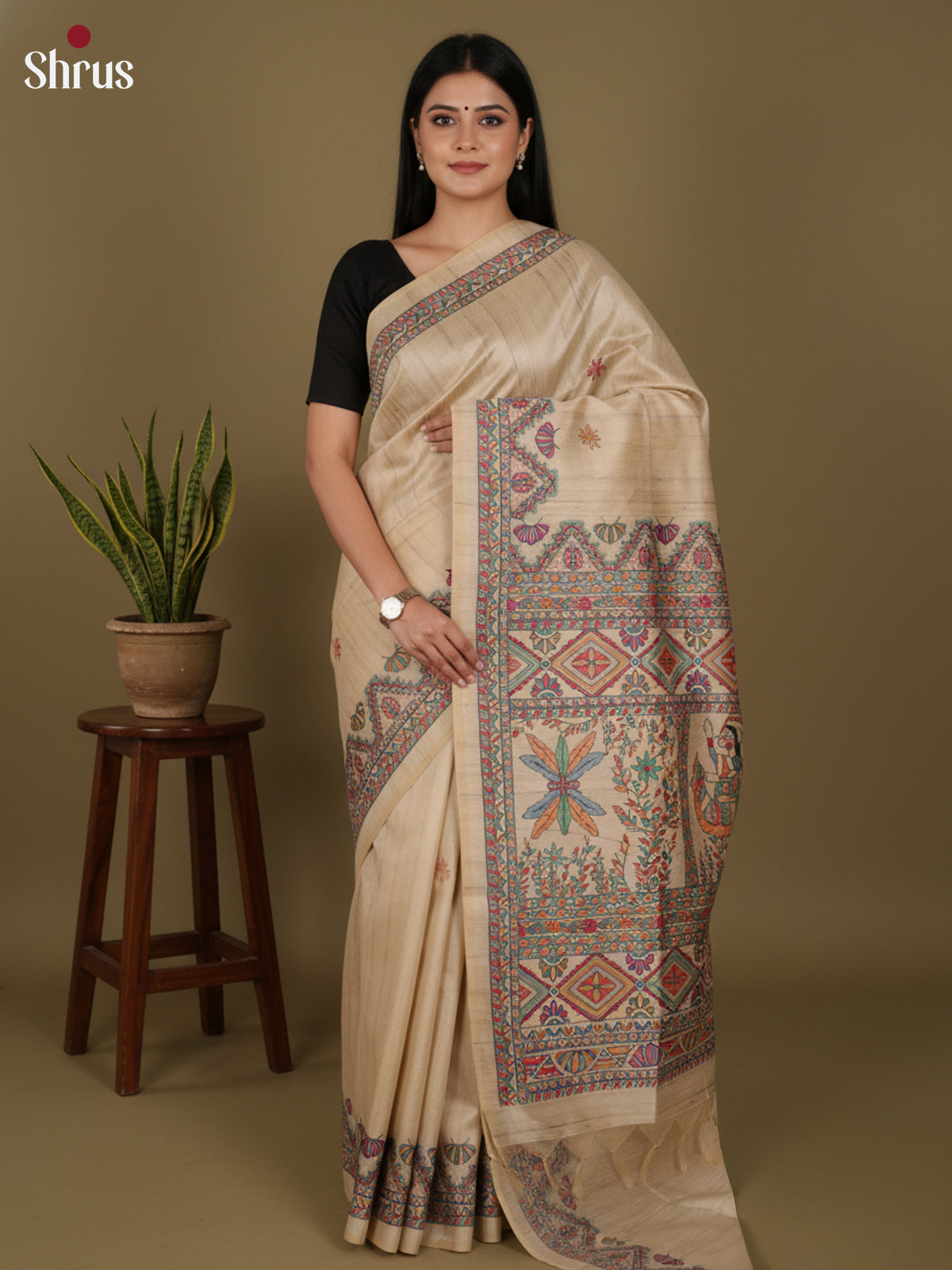 Cream - Printed Madhubani Saree - Shop on Shrus.com