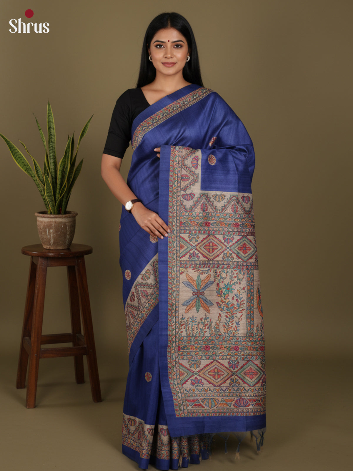 Blue & Cream - Printed Madhubani Saree - Shop on Shrus.com