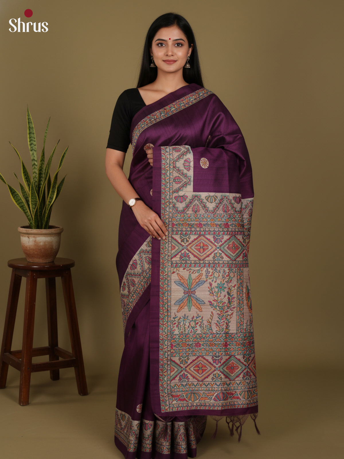 Violet & Cream- Printed Madhubani Saree - Shop on Shrus.com