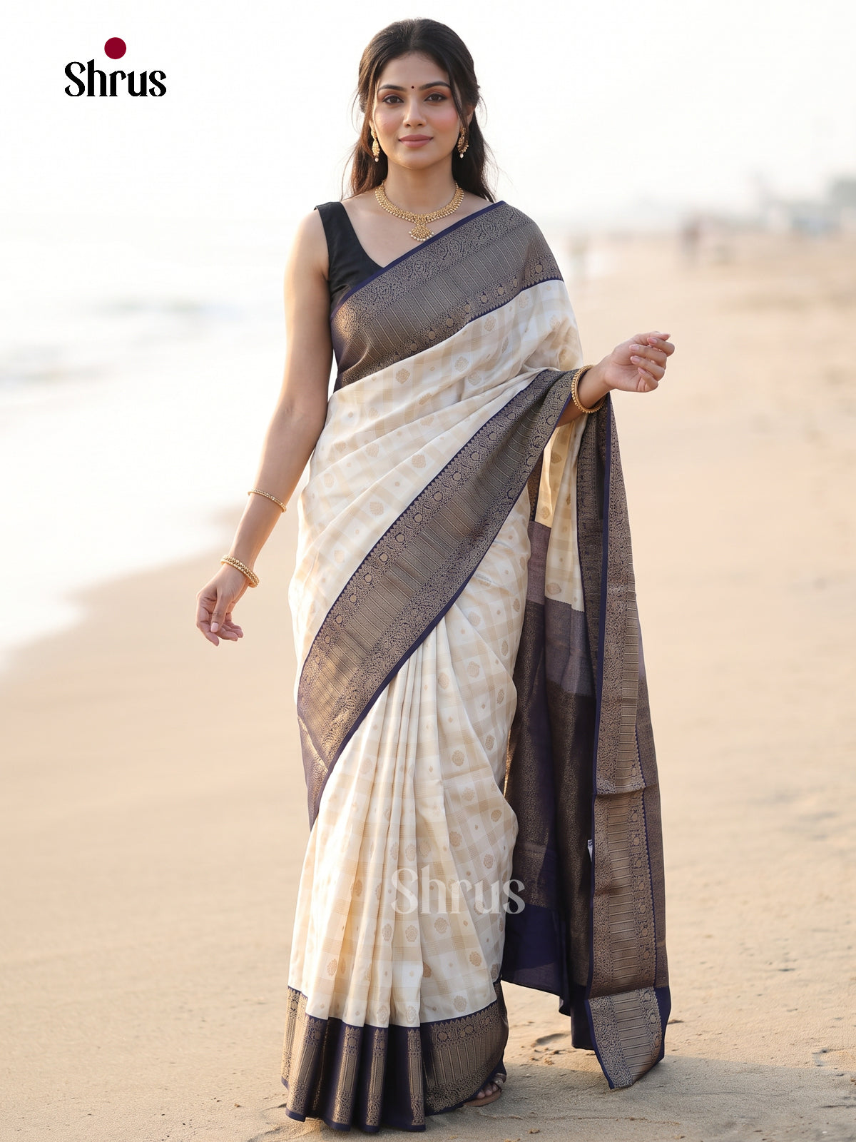 Cream & Blue - Semi Kanchipuram Saree- DLS04002