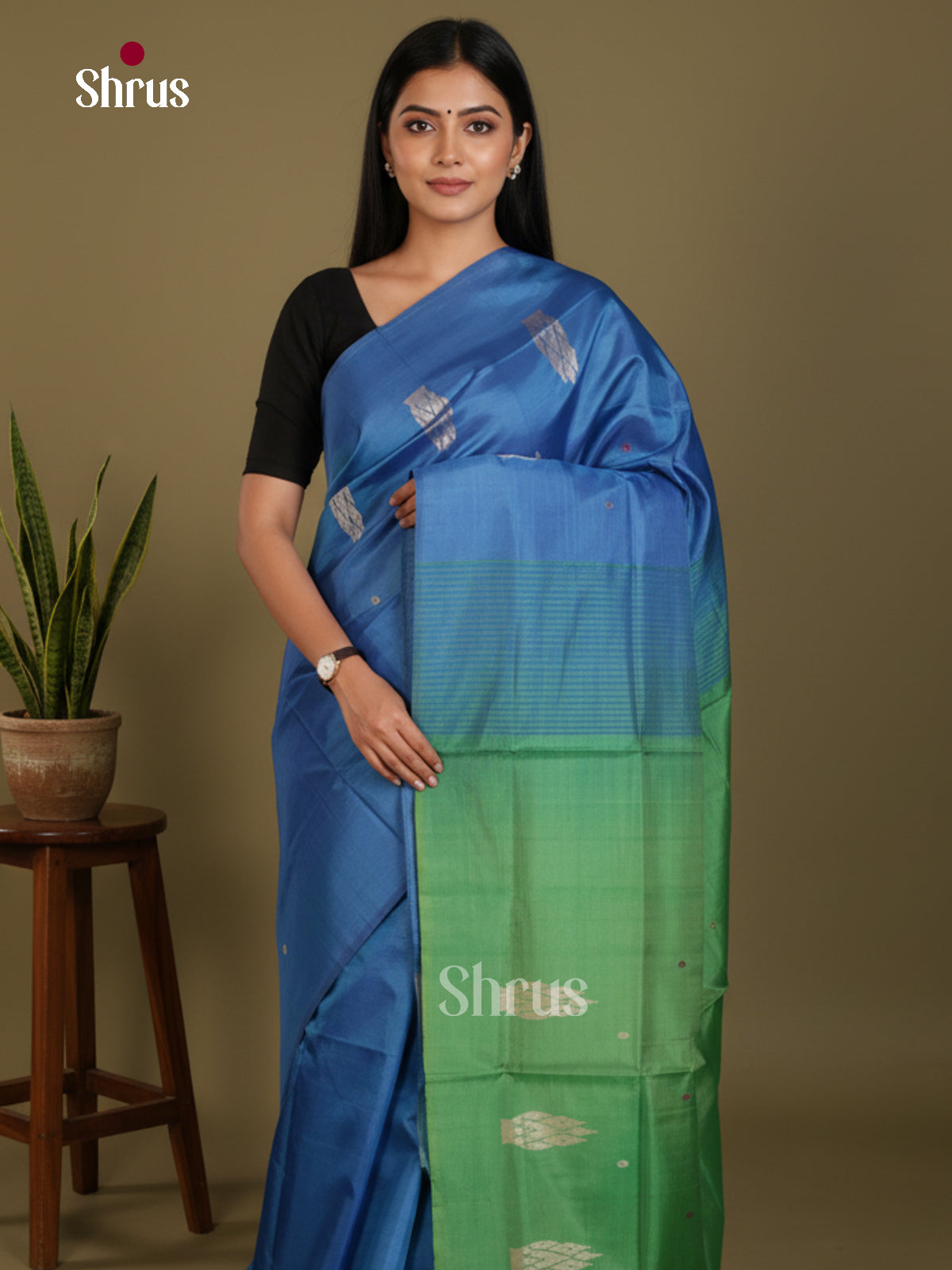 Blue & Green - Banana Pith without blouse Saree - Shop on Shrus.com