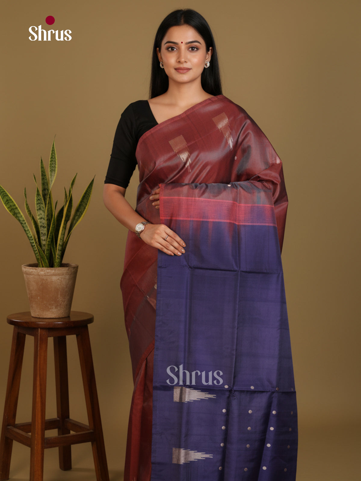 Brown & Blue - Banana Pith without blouse Saree