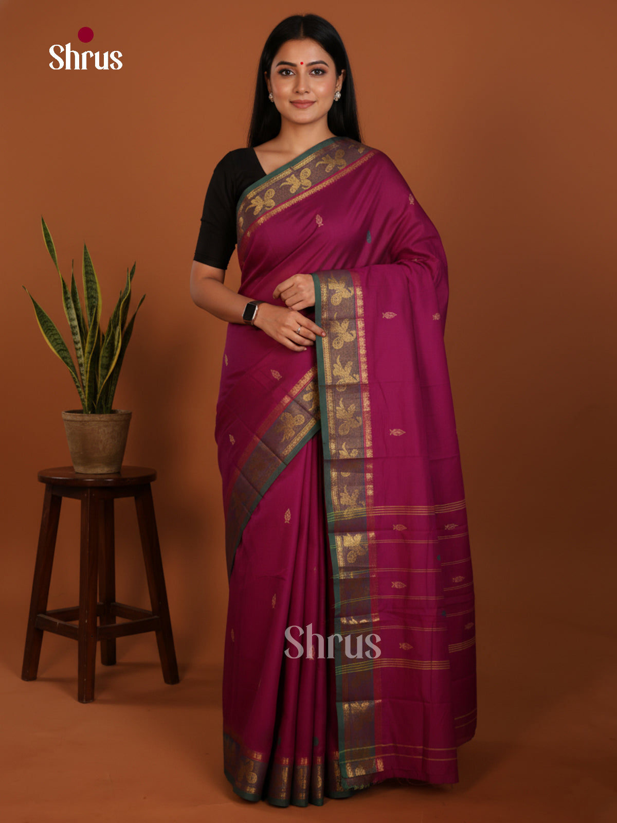 Wine & Green- Chettinad Mix Cotton-Without Blouse Saree - DLS06011 - Shop on Shrus.com