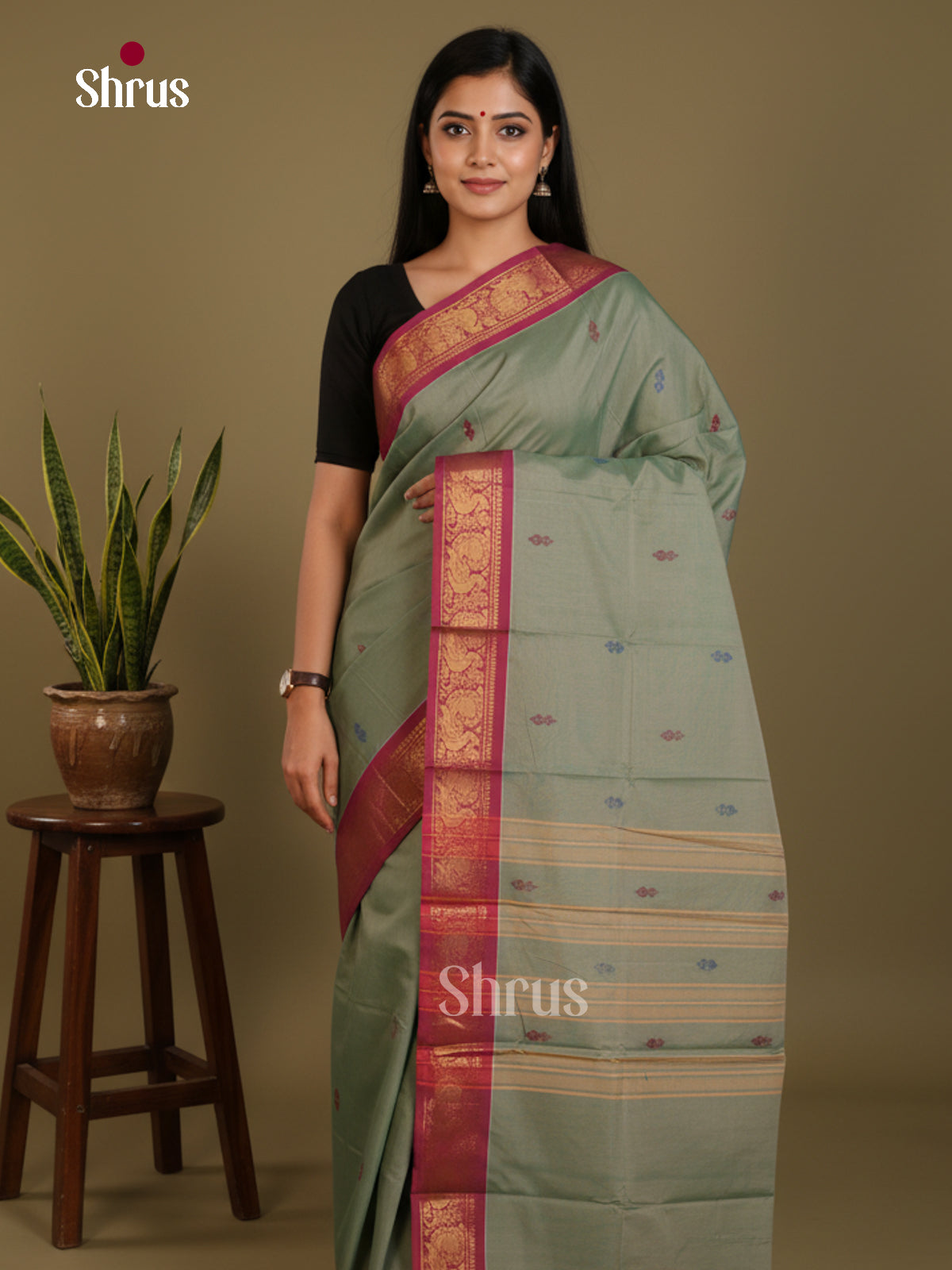 Grey Green & Maroon - Chettinad Mix Cotton-Without Blouse Saree- DLS06015 - Shop on Shrus.com