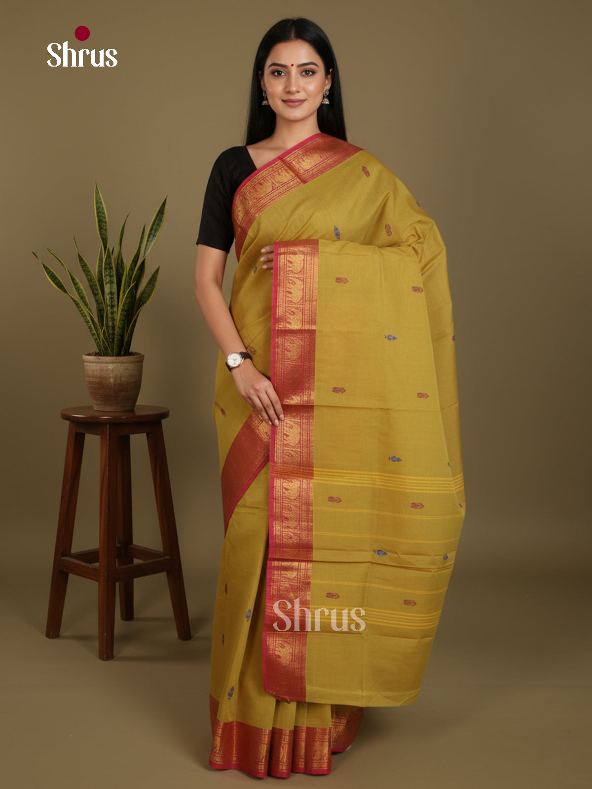 Mustardy Green & Red - Chettinad Mix Cotton-Without Blouse Saree-DLS06031 - Shop on Shrus.com