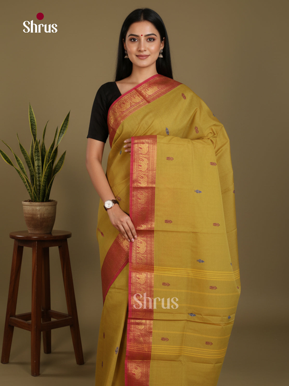 Mustardy Green & Red - Chettinad Mix Cotton-Without Blouse Saree-DLS06031 - Shop on Shrus.com