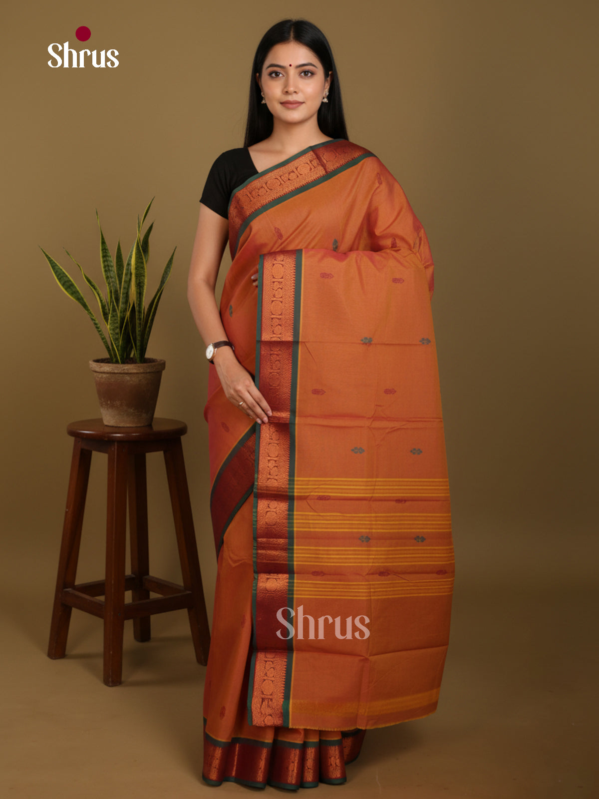 Orange & Green - Chettinad Mix Cotton-Without Blouse Saree- DLS06037 - Shop on Shrus.com