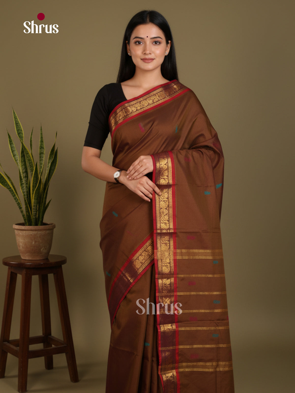 Brown & Red- Chettinad Mix Cotton-Without Blouse Saree -DLS06039 - Shop on Shrus.com